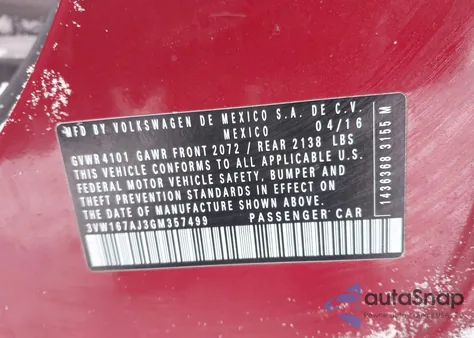 2016 Volkswagen Jetta 1.4T S из США, поврежденный, VIN 3VW167AJ3GM357499